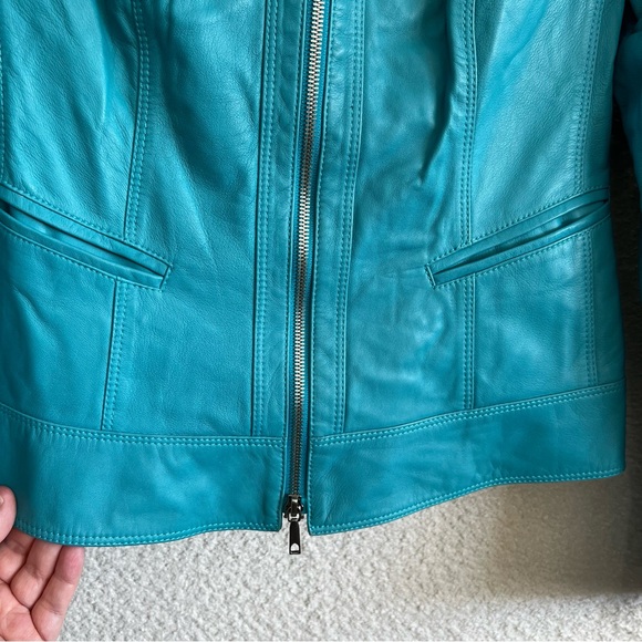 Lafayette 148 New York Women’s Teal 100% Leather Zipper Jacket Size 2 - Picture 10 of 16